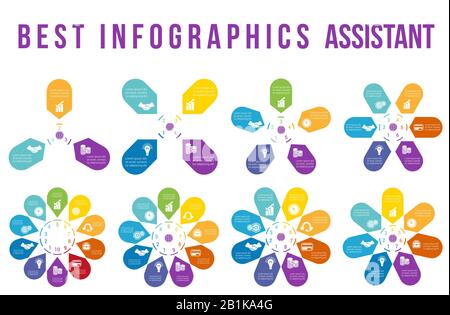 Color Arrows arranged in circle, pointing inside the circle. Templates for infographic  3 4 5 6 7 8 9  10 positions. Stock Vector