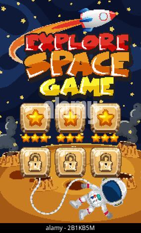 Game template design for explore space with spaceship flying in background illustration Stock Vector