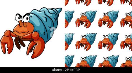 Seamless background design with angry hermit crab illustration Stock Vector
