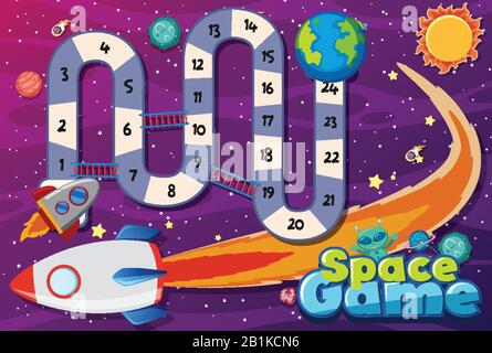 Game template with spaceship flying in the space background illustration Stock Vector