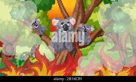 Scene with big wildfire and koalas trapped in the forest  illustration Stock Vector
