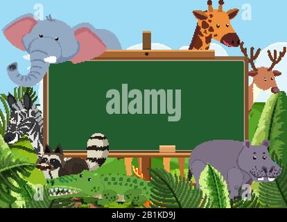 Blackboard template design with wild animals in the zoo illustration ...