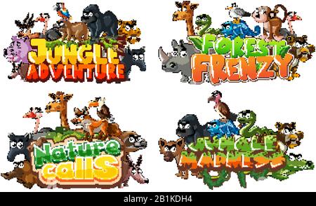 Font design for word related to jungle with wild animals on white background illustration Stock Vector
