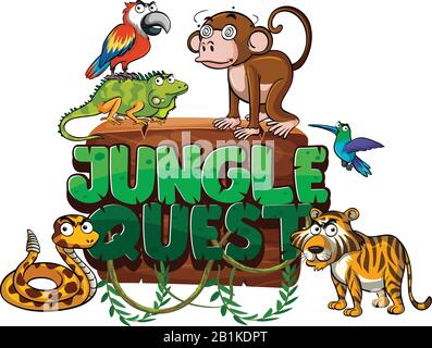 Font design for word jungle quest with many wild animals illustration Stock Vector