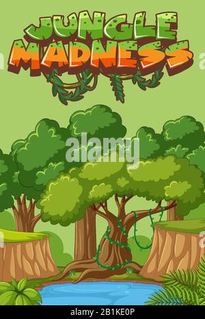 Background scene with pond and big trees in the forest illustration Stock Vector