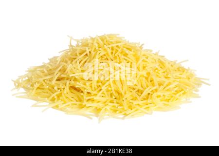 Pile small Vermicelli isolated on white background.  Vermicelli is a traditional type of Italian pasta round. Stock Photo