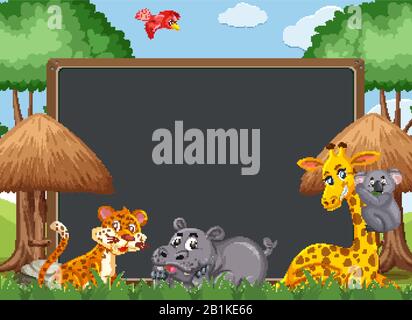 Blackboard template design with wild animals in the park illustration ...