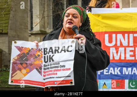 Westminster, London, UK. 26th Feb, 2020. Zita Holbourne, co-founder and national cochair Barac UK. Labour Leader Jeremy Corbyn, as well as John Mc Donnell, Dawn Butler, and Labour Chairman Ian Lavery and others speak at a protest organised by the PCS (Public and Commercial Services Union) supporting striking Interserve Workers. Outsourced facilities management workers at the Foreign and Commonwealth Office (FCO) in London began their strike period in November, because Interserve are not willing to recognise PCS. Credit: Imageplotter/Alamy Live News Stock Photo