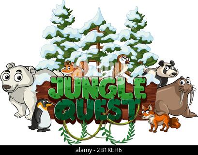 Font design for word jungle quest with animals in winter illustration Stock Vector