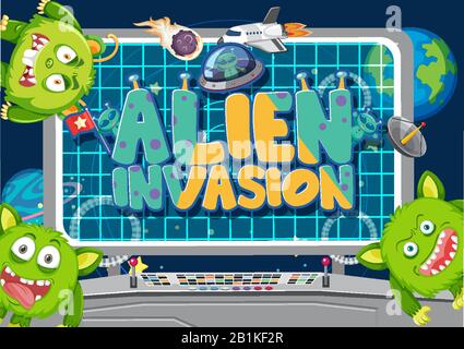 Poster design with aliens and astronaut in space illustration Stock ...