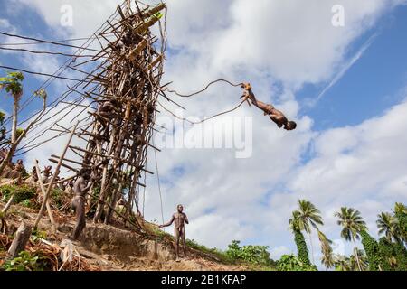 Pentecost pentercost island Vanuatu - 2019: Traditional Melanesian Nagol land diving ceremony (Men jumping with vines from wooden towers). Initiation. Stock Photo