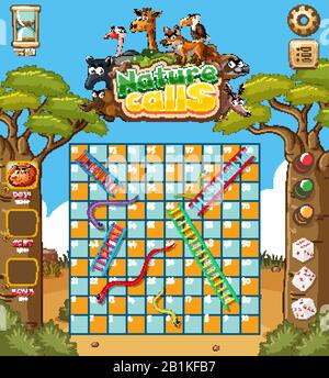 Game template design with trees and animals in background illustration Stock Vector