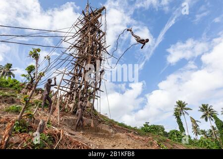 Pentecost pentercost island Vanuatu - 2019: Traditional Melanesian Nagol land diving ceremony (Men jumping with vines from wooden towers). Initiation. Stock Photo