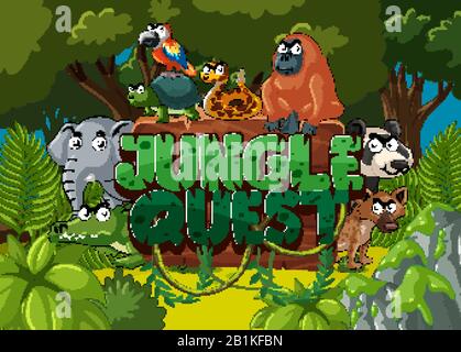 Font design for jungle quest with many animals in forest illustration Stock Vector