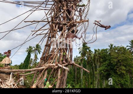 Pentecost pentercost island Vanuatu - 2019: Traditional Melanesian Nagol land diving ceremony (Men jumping with vines from wooden towers). Initiation. Stock Photo