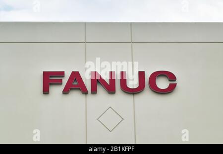 FANUC Corporation office building wall sign in Houston, TX. The largest supplier of industrial automation robotics in the world, founded in 1958. Stock Photo