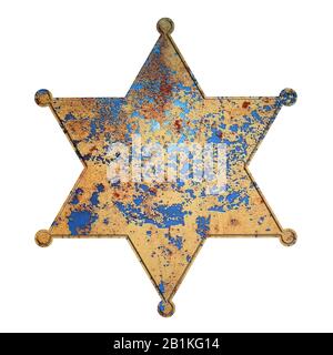 old metal sign board. sheriff star. white background isolated. 3d illustration design. Stock Photo
