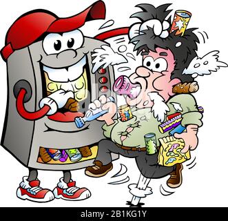 Vector Cartoon illustration of a Vending Machine feeding a Customer Stock Vector