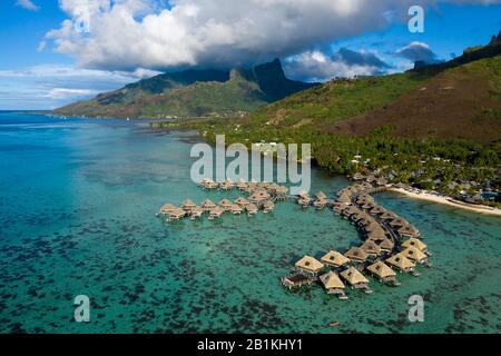 Tourist Resort with Water Bungalows, Moorea, French Polynesia Stock Photo