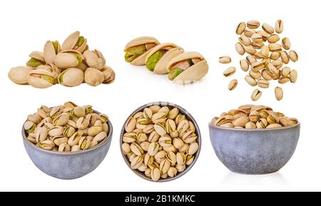 set of pistachios with clipping path on a white isolated background Stock Photo