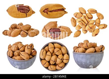 set of pecans with clipping path on a white isolated background Stock Photo