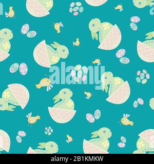Easter bunny seamless vector pattern background. Decorated folk art rabbits, egg and chicks illustration. Scandinavian style baby animals and spring Stock Vector