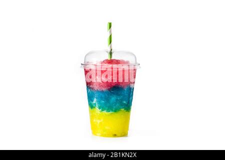 Colorful slushie with straw in plastic cup isolated on white background Stock Photo