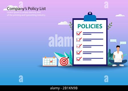 Business concept of company's policy, businessman is working with his laptop and sit near a big company's policy in pastel color background. Stock Vector