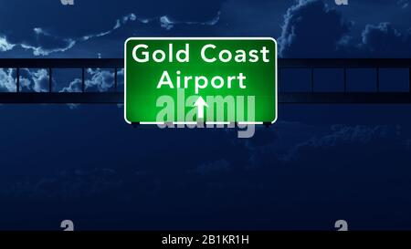 Gold Coast Australia Airport Highway Road Sign 3D Illustration at Night Stock Photo