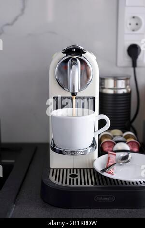 Budapest, Hungary - April 2019: Coffee process with DeLonghi nespresso machine Photo - Alamy