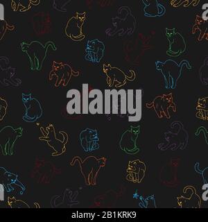 Seamless pattern with hand drawn playful cats on black. Stock Vector