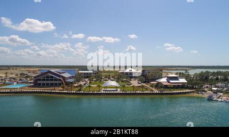 Aerial lake view onto the founders square of Babcock Ranch, Florida, a fully self sustained solar powered community, city, commune in Florida Stock Photo