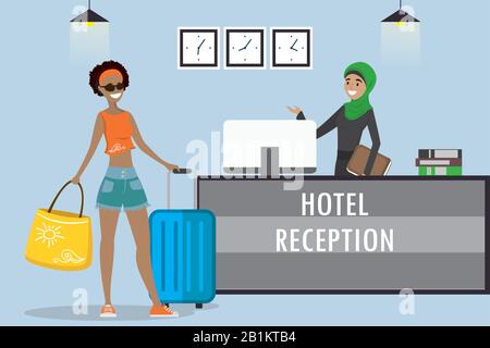 Young arabic woman receptionist in hijab.African american female tourist stands at reception desk. Travel, hospitality, hotel booking concept.Cartoon Stock Vector