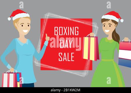 two cartoon, happy woman with shopping bags,Boxing day Sale banner.Stock Vector illustration Stock Vector