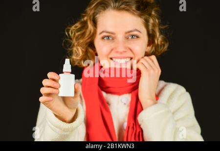 sick woman with nasal drops. influenza infection and pneumonia. Coronavirus outbreak concept. Symptoms of disease. runny nose caused by illness. ill with laryngitis. Acute respiratory viral. Stock Photo