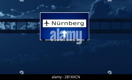 Nurnberg Germany Airport Highway Road Sign at Night 3D Illustration Stock Photo