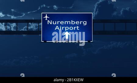 Nurnberg Germany Airport Highway Road Sign at Night 3D Illustration Stock Photo