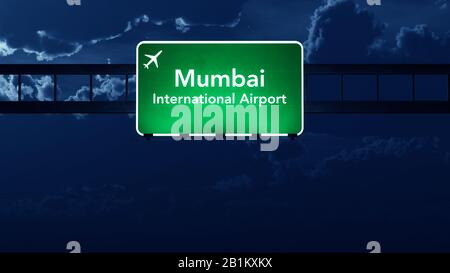 Mumbai India Airport Highway Road Sign at Night 3D Illustration Stock Photo