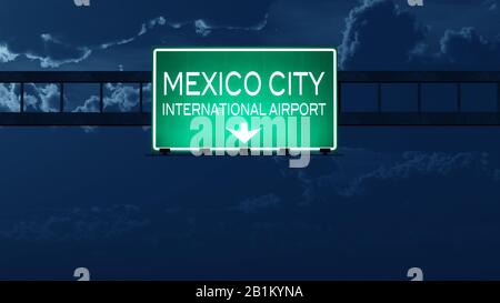 Mexico City Airport Highway Road Sign at Night 3D Illustration Stock Photo