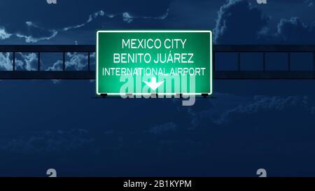 Mexico City Airport Highway Road Sign at Night 3D Illustration Stock Photo