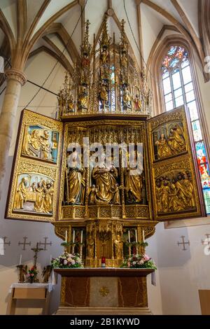 Hallstatt, Austria – July 9, 2016. Altar of the parish church in Hallstatt, Austria. Stock Photo