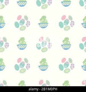 Cute Easter bunny seamless vector pattern background. Decorated folk art rabbits and egg all over print. Scandinavian style baby animals and spring Stock Vector