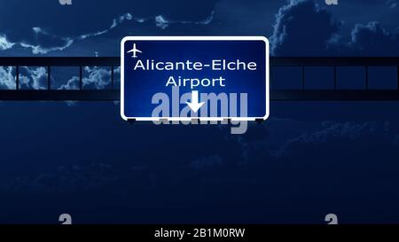 Alicante Spain Airport Highway Road Sign at Night 3D Illustration Stock Photo