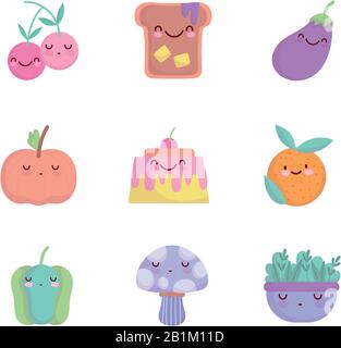 food cute cartoon character menu restaurant diet icons set vector illustration line and fill style Stock Vector