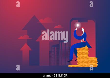 Business concept, businessman sitting on money and thinking about business plan. Vector illustration. Stock Vector