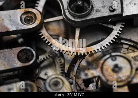 Rusty old gear mechanism. For conceptual projects, for example, the collapse of the economy, crisis, etc. Design minimalism, Retro style. Stock Photo