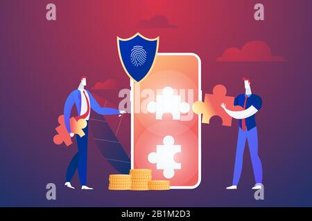 Programmer with jigsaw shield system monitoring network traffic. Firewall, network security system and network firewall concept. Stock Vector