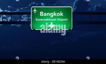 Bangkok Thailand Airport Highway Road Sign at Night 3D Illustration Stock Photo