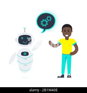 Robot chatbot head icon sign in the speech bubble talking with boy flat style design vector illustration isolated on white background. Cute AI bot hel Stock Vector