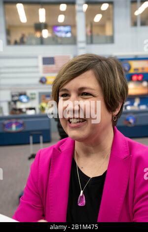 Ann Roemer, head of astronaut selection at the National Aeronautic and Space Administration (NASA) talks with a journalist during a media tour of the Johnson Space Center in Houston, Texas. Stock Photo